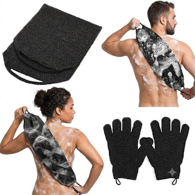 Livatto Exfoliërende Badhandschoenenset - Body Scrub Handdoek met Rugreiniger, Dode Huidverwijderaar Wanten voor Douche - Zwarte Exfoliërende Handschoenen voor Dames en Heren