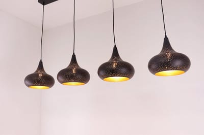 Hanglamp - 4lichts - zwart met gouden binnenkant - 150cm