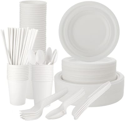 Dailygoods- Wegwerpservies 400 Stuks - Kartonnen Borden - Wegwerp Bestek - Biologisch Afbreekbaar - Duurzaam - Geschikt voor Magnetron en Vriezer - Partydiner