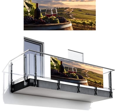 Balkonscherm 300x120 cm - Balkonposter Wijn - Druiven - Heuvels - Landschap - Balkon scherm decoratie - Balkonschermen - Balkondoek zonnescherm