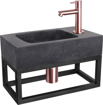 Differnz Bombai fonteinset - 40x22x9cm - Rechthoek - 1 kraangat - Recht rose koper kraan - met zwart frame - Natuursteen Zwart