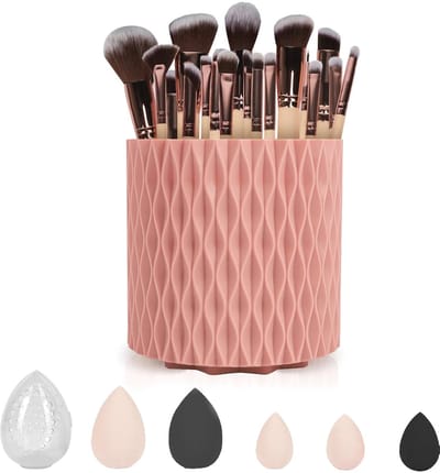 Kwasten, set van 18 stuks, cosmetische kwasten met draaibare opbergemmer, sponsset, praktische make-up gereedschappen en poederblikjes met etui, bamboe handvat, roze