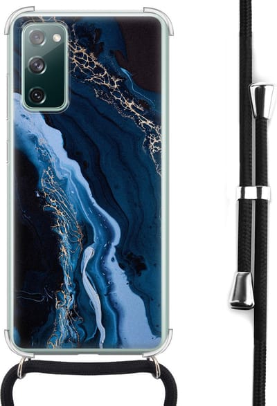 Hoesje met koord - Geschikt voor Samsung Galaxy S20 FE - Marmer lagoon blauw - Verstelbaar zwart koord - Crossbody - Marmer - Transparant, Blauw - Leuke Telefoonhoesjes