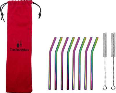 RVS Rietjes Gebogen - Tasteables - Cocktail Rietjes - Set van 8 - Duurzaam - Herbruikbaar - Reinigingsborstel - 140mm lengte - Regenboog