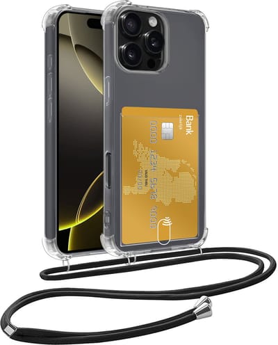 Hoesje Geschikt voor iPhone 16 Pro Telefoonhoesje Met Koord Case Pashouder Siliconen - Hoes Geschikt voor iPhone 16 Pro Hoesje Met Kaarthouder - Transparant