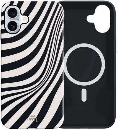 xoxo Wildhearts siliconen hoesje geschikt voor iPhone 16 MagSafe hoesje - Optical Illusion - Double Layer - Magnetisch telefoonhoesje - Magneet case - Backcover met dubbele bescherming - Golvenprint - Golvend patroon - golven - Zwart / Beige