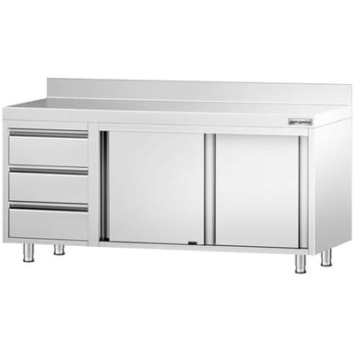 GGM Gastro Edelstahl Arbeitsschrank PREMIUM - 1800x600mm - mit 3 Schubladen links & Aufkantung Zilver