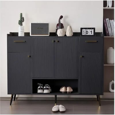 Merax Schoenenkast met 2 lades en 4 deuren - 130 x 37 x 100 cm - metalen poten en spaanplaat - Zwart