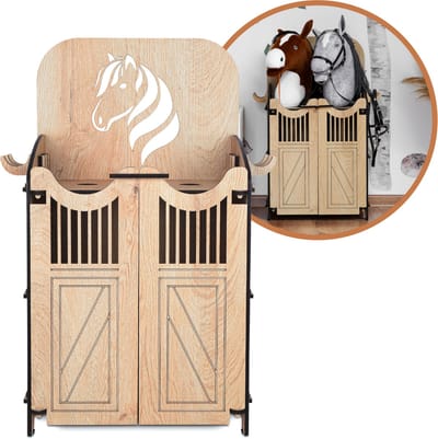 Hoofly® Hobby Horse Stall voor 2 stokpaarden – Hoogwaardige houten houder met deuren, haken en insteeksysteem – Ontworpen in Duitsland – Stevig en duurzaam