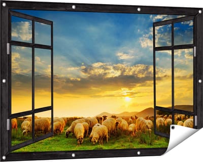 Gards Tuinposter Doorkijk Kudde Schapen op het Gras bij Zonsondergang - 120x80 cm - Tuindoek - Tuindecoratie - Wanddecoratie buiten - Tuinschilderij