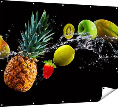Gards Tuinposter Fruit met Water op Zwart Achtergrond - 160x120 cm - Tuindoek - Tuindecoratie - Wanddecoratie buiten - Tuinschilderij