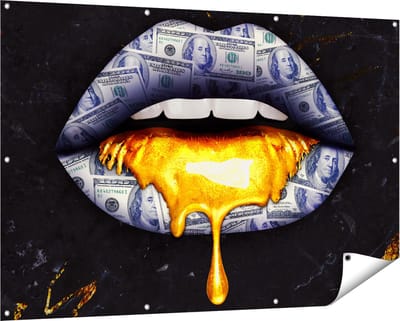 Gards Tuinposter Dollar Lippen met Goud - 150x100 cm - Tuindoek - Tuindecoratie - Wanddecoratie buiten - Tuinschilderij