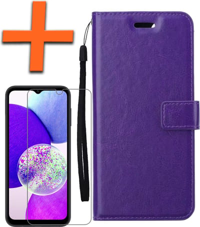 Hoes - Met Screenprotector - Geschikt voor Samsung Galaxy A14 - Luxe Pasjeshouder - Bookcase Portemonee - Flip Case - Kunstleer Book Case - Flipcase - Book Cover - Walletcase - PortemonneeHoes - Paars