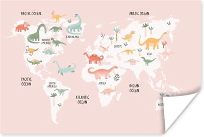 Wereldkaart - Kinderen - Dinosaurus - 180x120 cm - Poster