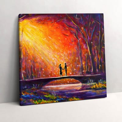 Wallfluent Foto Op Canvas Een verliefd stel geschilderd met waterverf - 60 x 60 cm - Claret Schilderijen Op Canvas Doek - Liefde Canvas Foto - Natuur Schilderij Op Doek - Liefde Canvas Schilderij