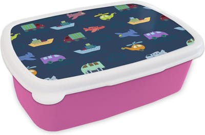 Broodtrommel Roze - Lunchbox - Brooddoos - Patronen - Vliegtuig - Boot - Vrachtwagen - Jongetje - Jongens - Kinderen - Kids - 18x12x6 cm - Kinderen - Meisje