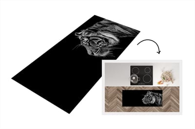 Keukenloper - Loper keuken - Tijger op zwarte achtergrond in zwart-wit - 120x50 cm - Keukenloper vinyl