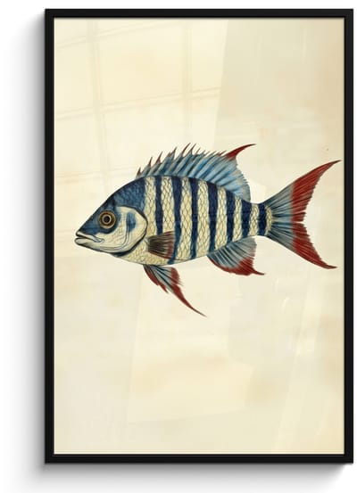 Poster in lijst - Fotolijst 80x120 cm - Posters - Gestreept - Donkerblauw - Rugvin - Vis - Posterlijst zwart - Decoratie - Wanddecoratie woonkamer - Muurdecoratie slaapkamer