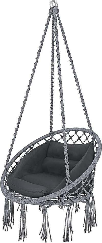 Hangstoel Katoen - Macramé Schommel - Ontspannen Buiten - Stalen Frame - Tot 160kg - Grijs