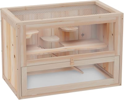 PawHut Hamsterkäfig aus Holz für Zwerghamster Nagerkäfig Kleintierkäfig mit Gitterdach und Rampe, Nagarium Käfig 60 x 35 x 42 cm Naturholz