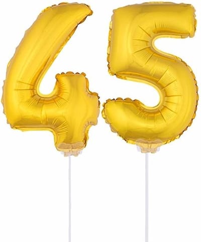 45 jaar leeftijd feestartikelen - versiering cijfers - ballonnen op stokje - van 41 cm - Combi van cijfer 45 - in het goud