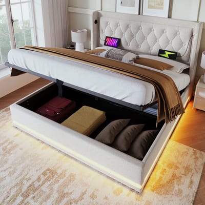 DESMIU Gestoffeerd Bed 140x200 cm – USB en USB C in Hoofdbord – Hydraulische Opbergruimte en 3 Zijdige Ledverlichting – Zonder matras – Beige
