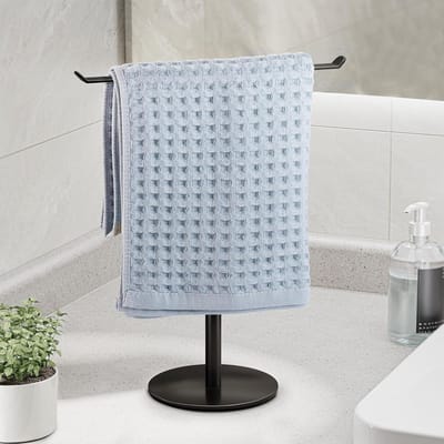 Ulisem - T-vormige handdoekhouder - voor de badkamer – geschikt voor handdoeken en haarbanden - lichtgewicht houder voor badkamer of keuken - waterbestendige aanrechtorganizer van roestvrij staal - zwart