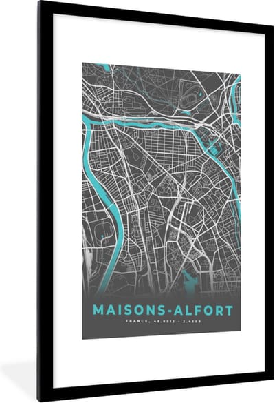 Fotolijst incl. Poster - Maisons-Alfort - Frankrijk - Plattegrond - Kaart - Stadskaart - 60x90 cm - Posterlijst