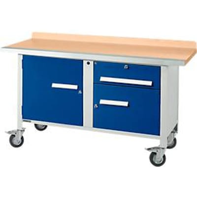 Mobiele werkbank Schäfer Shop Select PWi 150-3, beuken multiplex blad, met stalen rand, tot 400 kg, B 1500 x D 700 x H 840 mm
