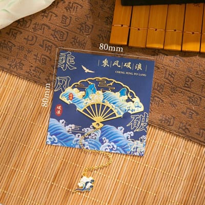 Marque-page en métal en forme d'éventail de lotus avec veines de feuille, marque-pages créatifs de style chinois, pendentif à pompon, cadeau pour étudiant, papeterie scolaire en laiton