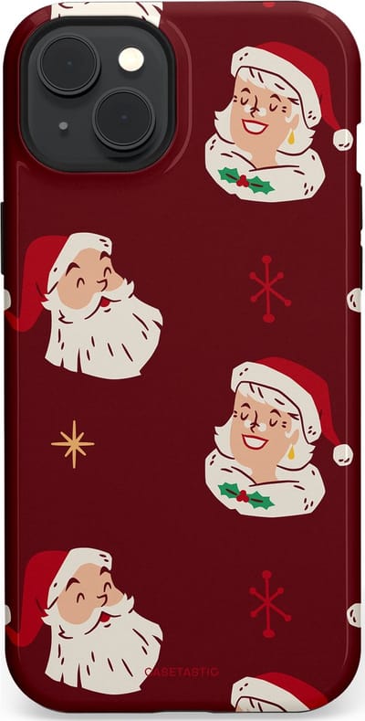 Casetastic hoesje geschikt voor Apple iPhone 15 Plus - MagSafe - Dubbellaagse bescherming - Mr. & Ms. Santa - Kerst - Fashion Case - Bordeaux Lichtgrijs Taupe