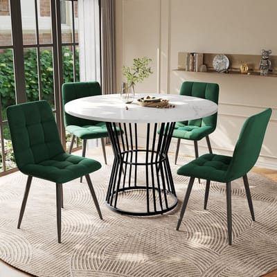 STILVORA Eettafelset Met 4 Stoelen - Ronde Eettafel 100 Cm - Marmerlook Blad - Fluwelen Stoelen Groen - Metalen Poten Zwart