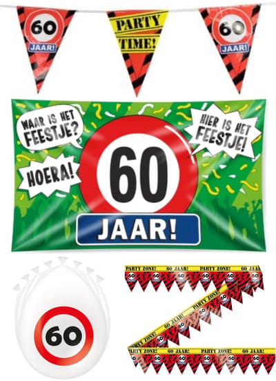 60 jaar versiering pakket - Versiering Verjaardag - Versiering Jaar Verjaardag - Slingers - Gevelvlag- Ballonnen – Afzetlint
