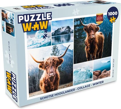 Puzzel Schotse hooglander - Collage - Winter - Legpuzzel - Puzzel 1000 stukjes volwassenen