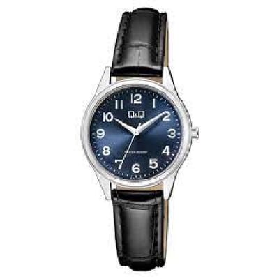 Q&Q Q57A-002PY - Horloge - Analoog - Vrouwen - Dames - Leren band - Rond - Metaal - Cijfers - Zwart - Zilverkleurig - Donkerblauw - 3ATM