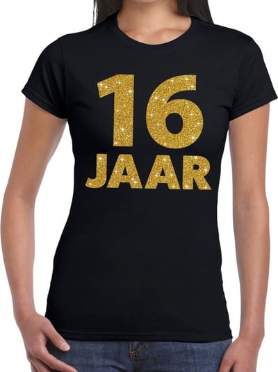 16 jaar goud glitter tekst t-shirt zwart dames - dames shirt 16 jaar - verjaardag kleding XS
