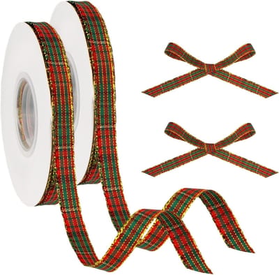 Kerstlint voor Cadeauverpakking en Decoratie - 2 Rollen Rood en Groen Lint voor Kerstboom en Creatieve Knutselprojecten, 9.14m x 10mm, Geruit Lint met Gouden Rand