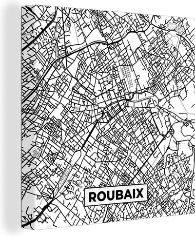 Canvas Schilderij Kaart - Stadskaart - Roubaix - Frankrijk - Plattegrond - Zwart wit - 20x20 cm - Wanddecoratie