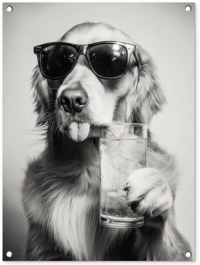 Tuinposter 60x80 cm - Tuindecoratie Golden retriever - Hond - Zonnebril - Gkas - Poster voor in de tuin - Buiten decoratie - Schutting tuinschilderij - Tuindoek muurdecoratie - Wanddecoratie balkondoek