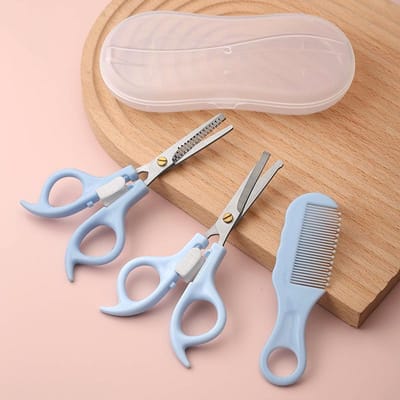 3 pièces Maison ciseaux de coiffure pour enfants peigne à cheveux, outils de coupe de cheveux, coupes de cheveux de bébé, outil de salon de coiffure, ciseaux plats et à dents bleu