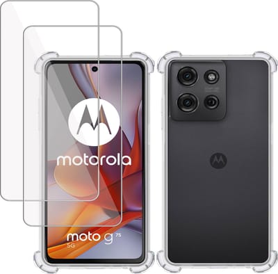 Hoesje + 2x Screenprotector geschikt voor Motorola Moto G75 5G – Tempered Glass - Extreme Shock Case Transparant