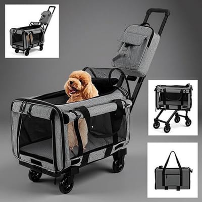 Transportbox voor Kat en Hond met Telescoopgreep, Wielen, Inklapbare Reisbox voor Kleine en Middelgrote Huisdieren, Grijs