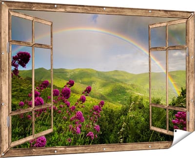 Gards Tuinposter Doorkijk Regenboog in de Heuvel Bossen - 180x120 cm - Tuindoek - Tuindecoratie - Wanddecoratie buiten - Tuinschilderij