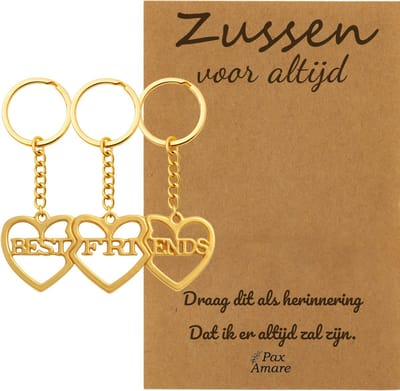 BFF Sleutelhanger voor 3 'Zussen voor altijd' - 3 hartjes - Best Friends - Sleutelhanger set op Cadeau Kaartje Sleutelhanger set - Goudkleurig - Vriendschap Symbool - Pax Amare