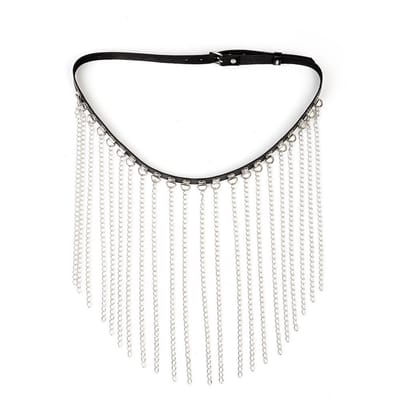 Oneay Zwarte buikketting met kwastjes, verstelbare tailleband van PU-leer, kettingriem voor dames, geschikt voor strand en uitgaan. Te combineren met bijpassende taillesieraden