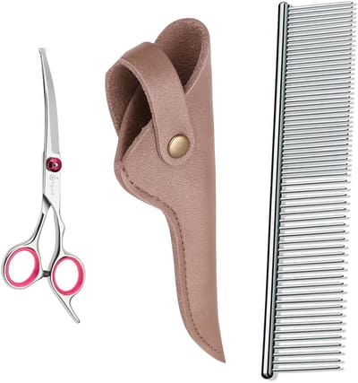 Professionele Hondenschaar – Ergonomische Kromme Trimschaar Links – Roze – Voor Vacht- & Pootverzorging van Langharige Honden met Luxe Lederen Etui – 16,5 cm – Brons + Anti-Klit Kam – Pijnloos & Huisdiervriendelijk