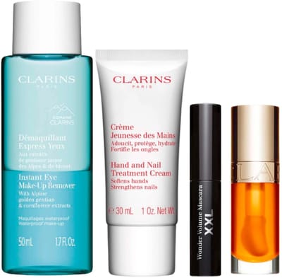 Clarins - Lip Comfort Oil Intense 01 - Hand-& Nail cream 30ml - Instant Eye make-up remover 50ml - XXL mascara mini
