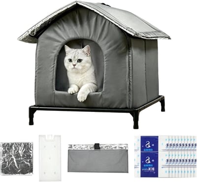 Verkoelend Kattenhuis - Koelschuilplaats Zomer - Huisdier Ontspanning - Met IJs Pkketten - 32 x 6 cm - Grijs