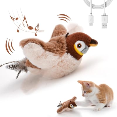 Oneay 1 Pack Katten speelgoed, vliegende vogel katten speelgoed voor binnenkatten, oplaadbaar, elektrisch katten speelgoed met vogelgeluiden, pluchen kitten oefen speelgoed, bruine mus