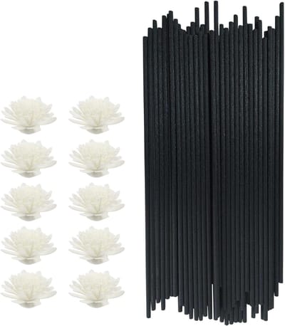 50 Stuks Zwarte Vezel Diffuser Sticks met 10 Aromatherapie Bloemen voor Essentiële Olie, Vervangingen voor Thuis, Kantoor en Bruiloften (25cm x 3mm)